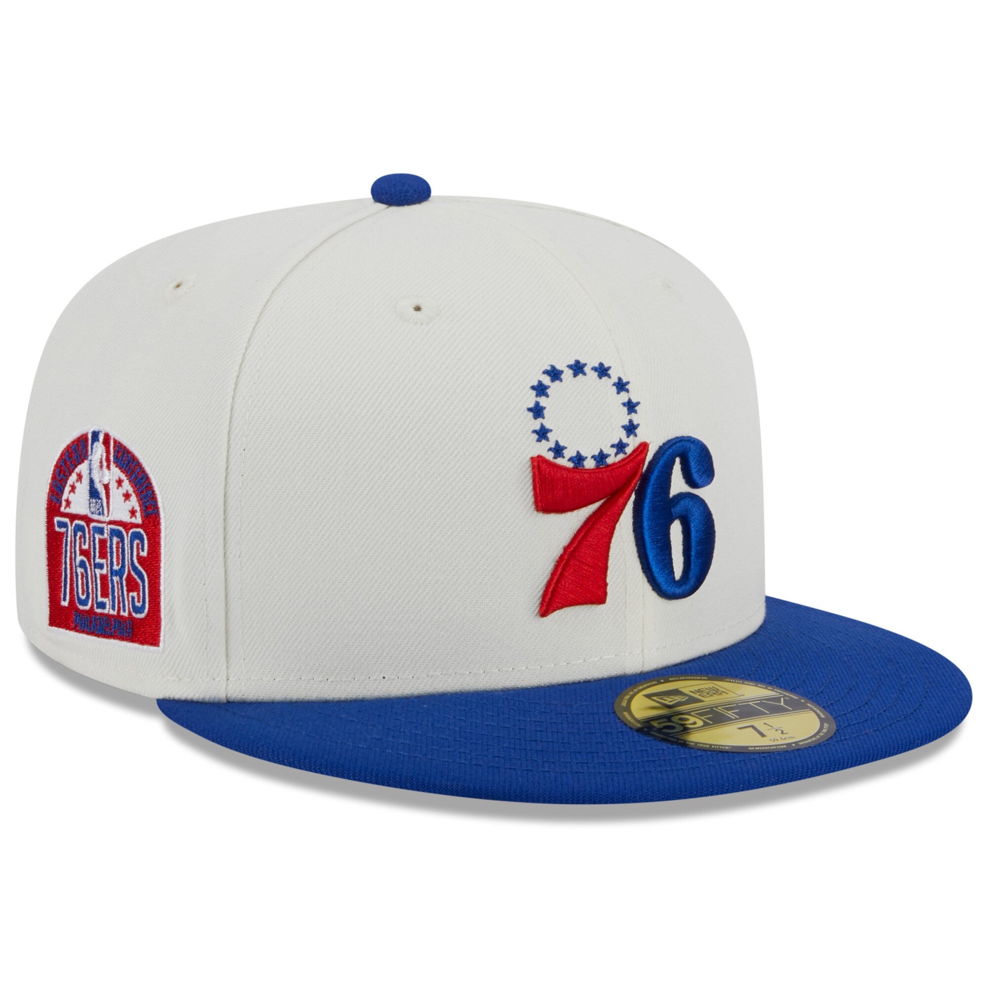 Philadelphia 76ers New Era Retro City Conference Side Patch 59FIFTY Fitted Hat - Cream/Royal