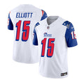 Men s New England Patriots Ezekiel Elliott White Blue 2023 F.U.S.E. Vapor Limited Stitched Jersey