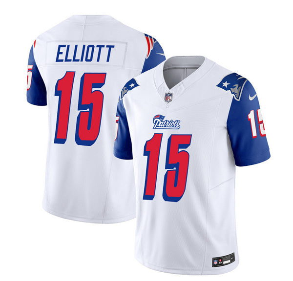 Men s New England Patriots Ezekiel Elliott White Blue 2023 F.U.S.E. Vapor Limited Stitched Jersey