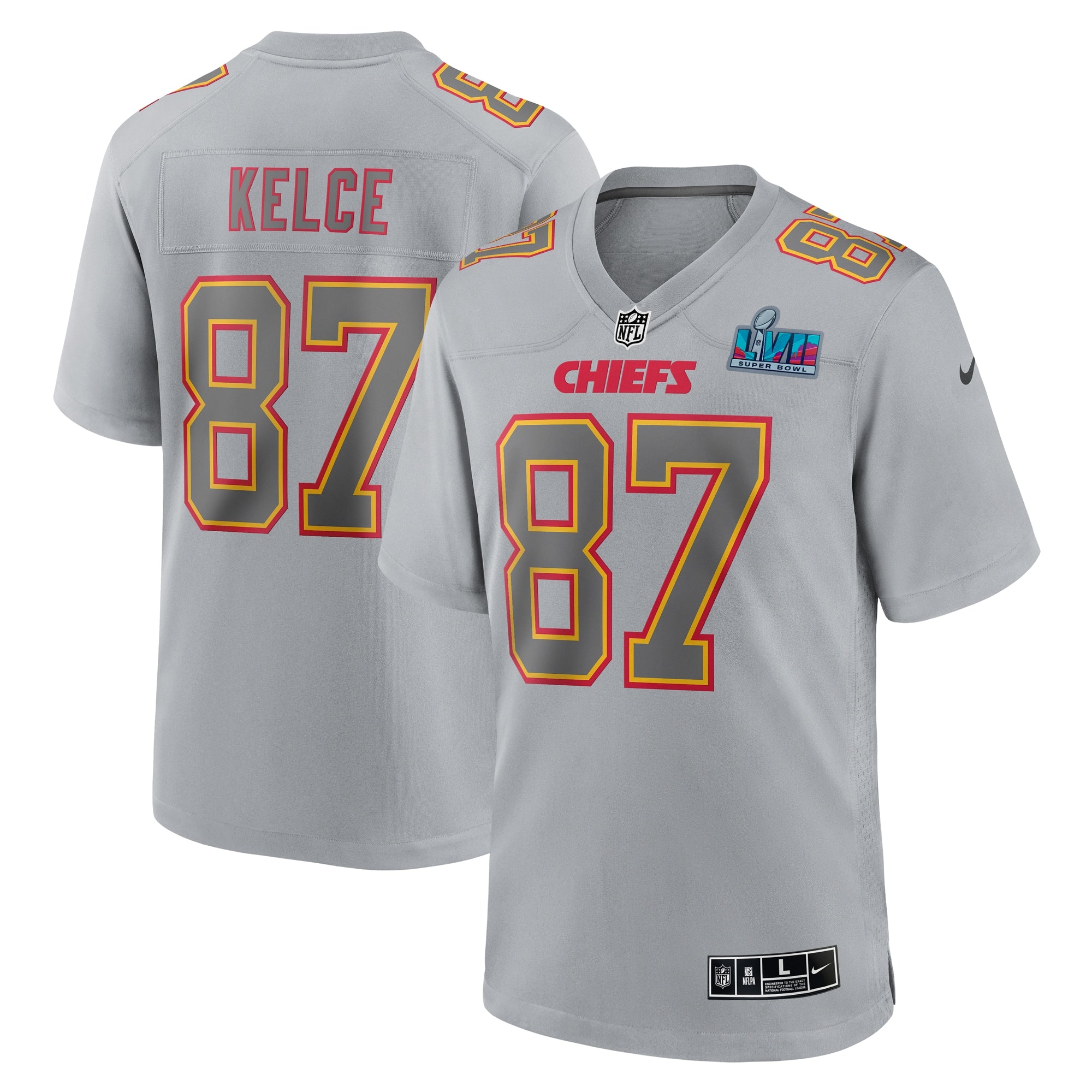 Travis Kelce Kansas City Chiefs Nike Super Bowl LVII Patch Atmosphere Fashion Game Jersey   Gray
