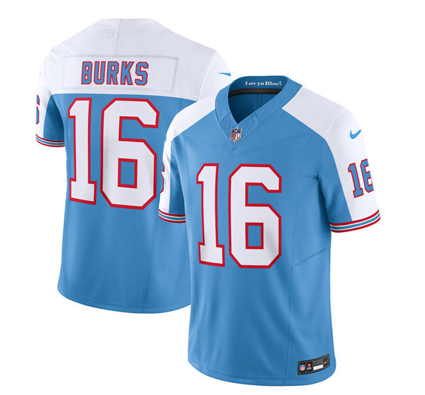 Men s Tennessee Titans Treylon Burks Blue White 2023 F.U.S.E. Vapor Limited Throwback Stitched Jersey