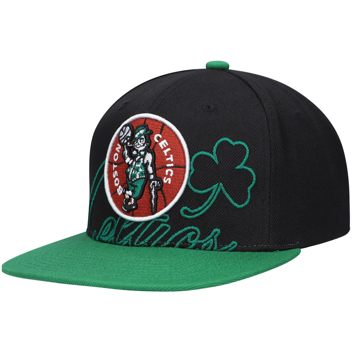 Boston Celtics Mitchell & Ness Hardwood Classics Low Big Face Snapback Hat - Black/Kelly Green