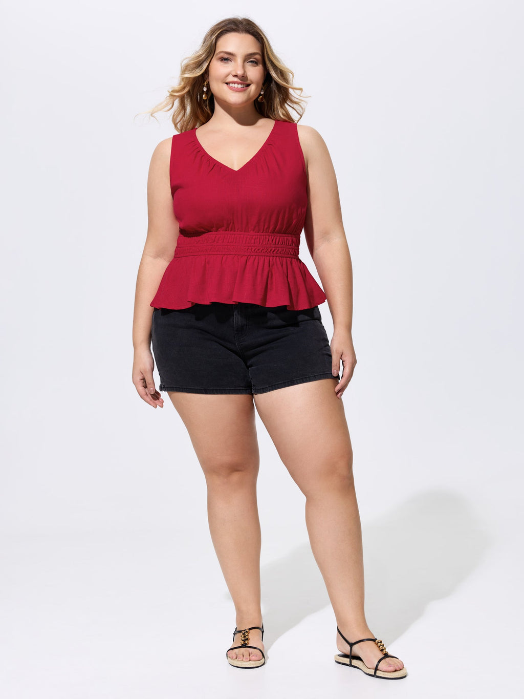 Linen Blend Shirred Waist Plain Tank Top