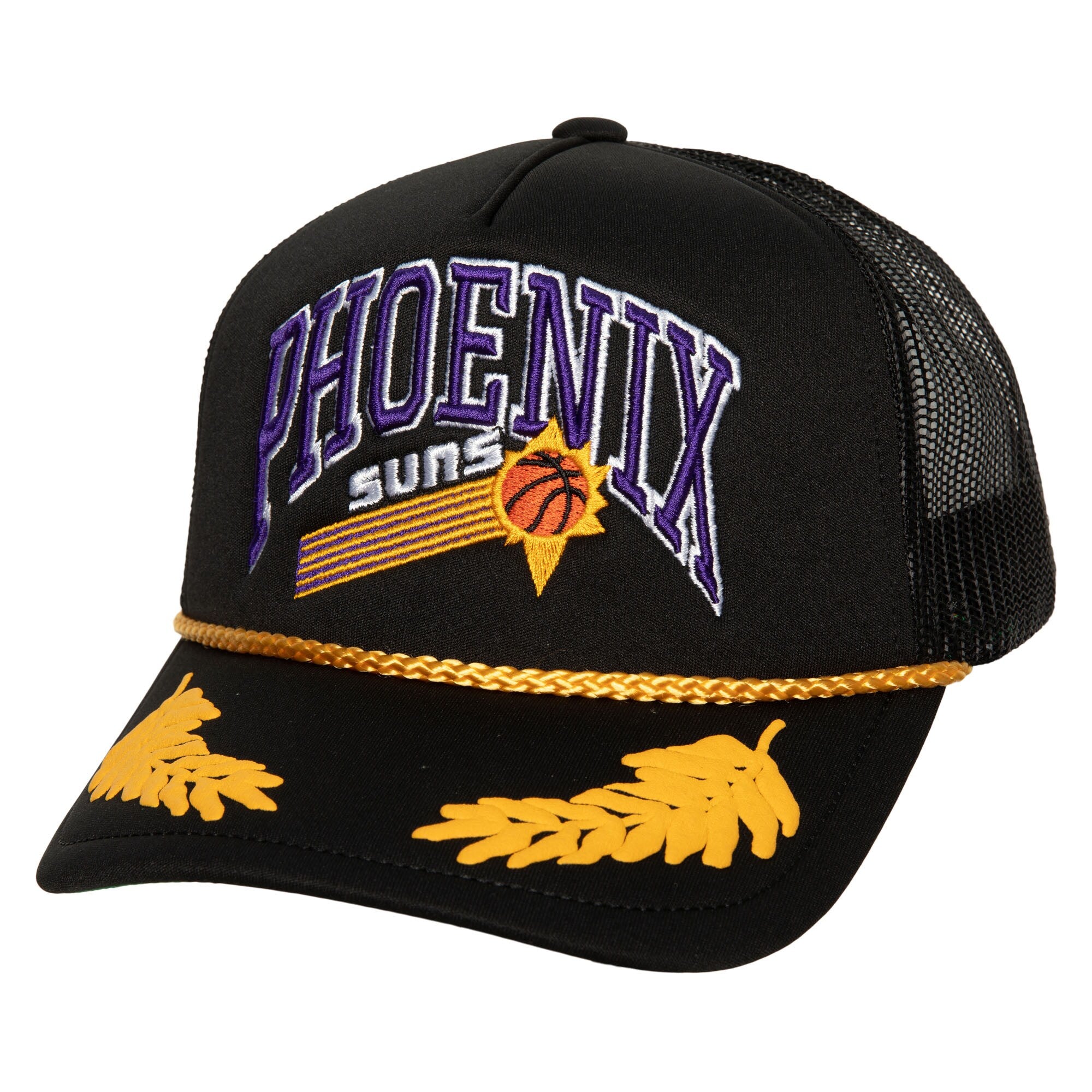 Phoenix Suns Mitchell & Ness Hardwood Classics Gold Leaf Mesh Trucker Snapback Hat - Black