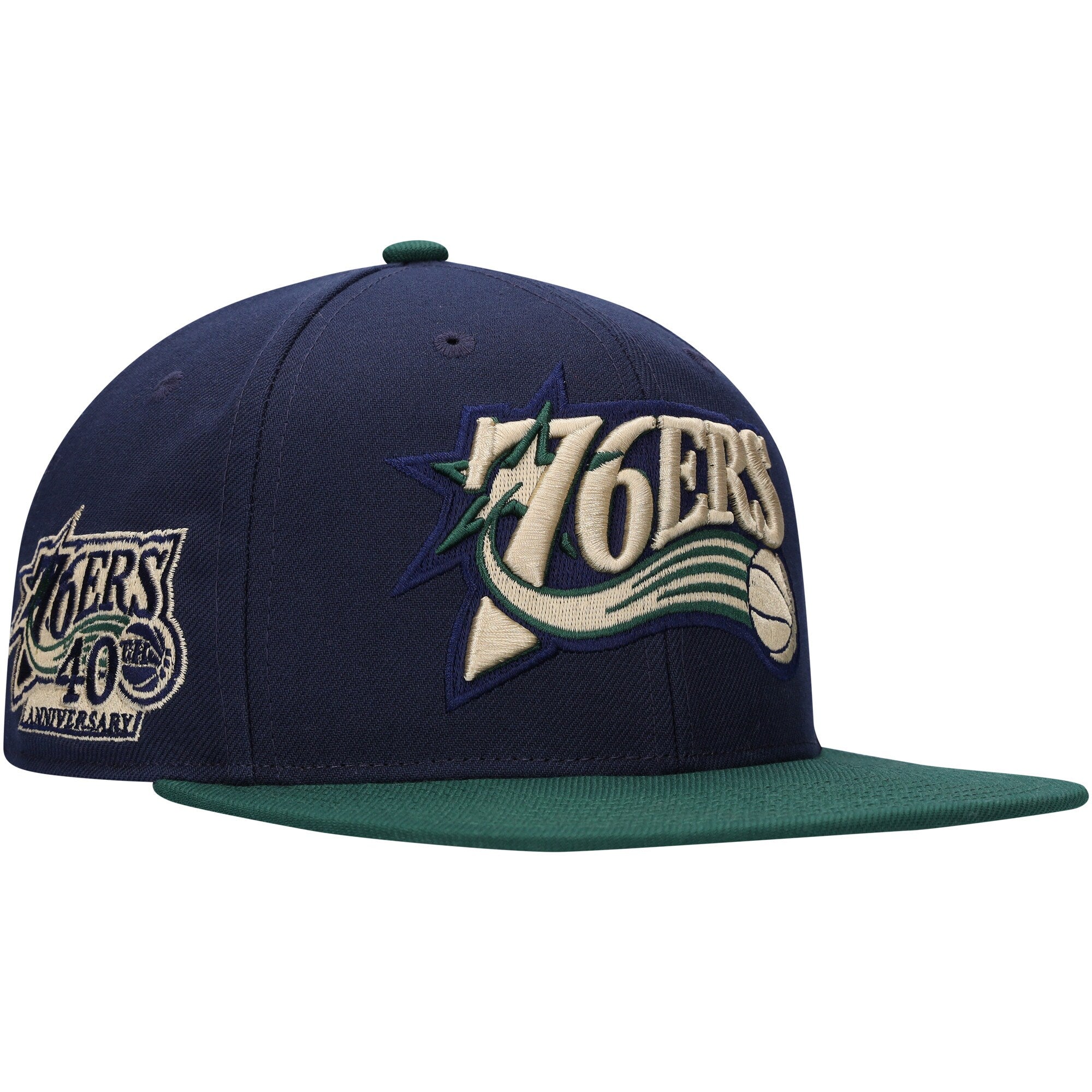 Philadelphia 76ers Mitchell & Ness Hardwood Classics Grassland Fitted Hat - Navy/Green