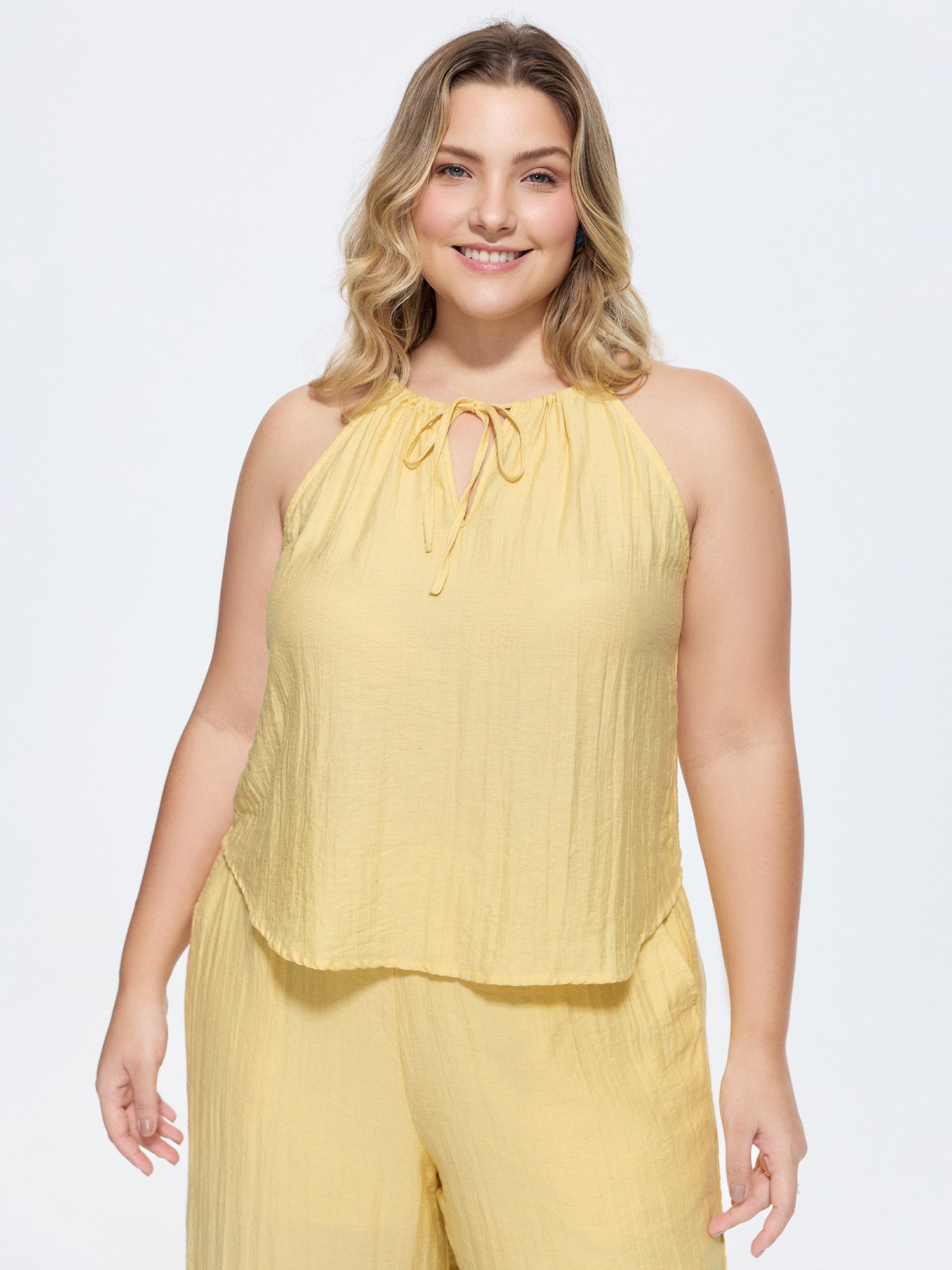 Linen Blend Halter Neckline Tank Top