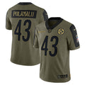 Men s Nike Troy Polamalu Olive Pittsburgh Steelers 2021 Salute To Service Retired Player Limited Jersey