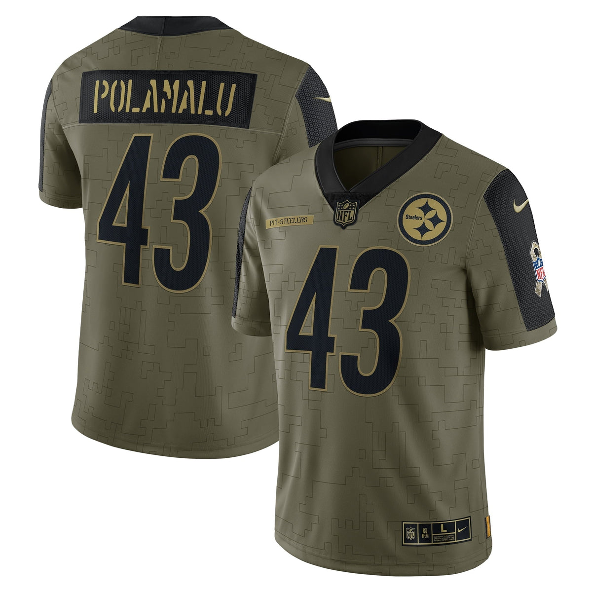 Men s Nike Troy Polamalu Olive Pittsburgh Steelers 2021 Salute To Service Retired Player Limited Jersey