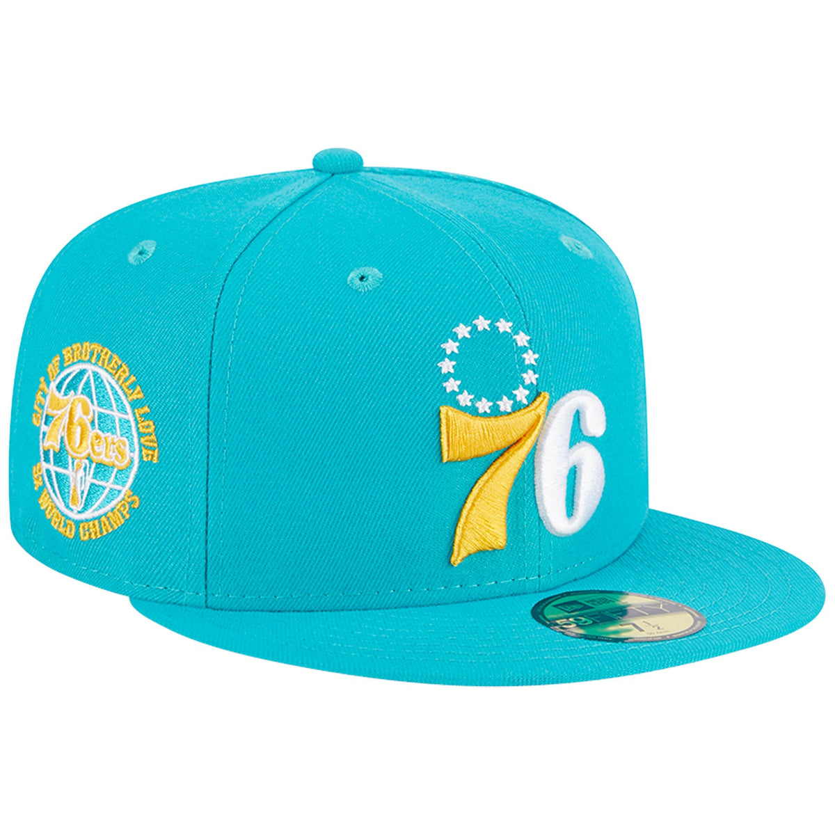 Philadelphia 76ers New Era 3-Time Champions Breeze Grilled Yellow Undervisor 59FIFTY Fitted Hat - Turquoise