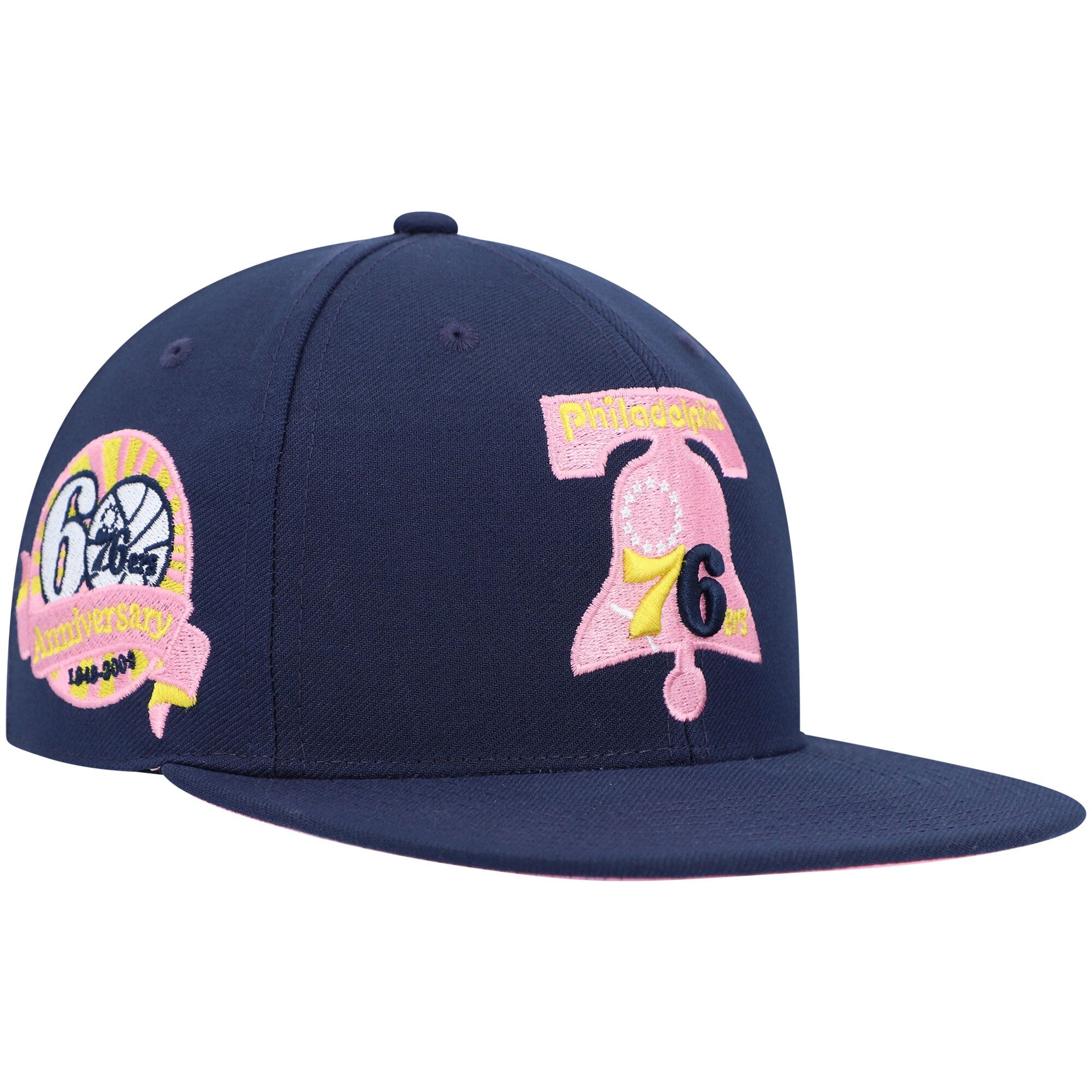 Philadelphia 76ers Mitchell & Ness 60th Anniversary Burnt Sunrise Fitted Hat - Navy