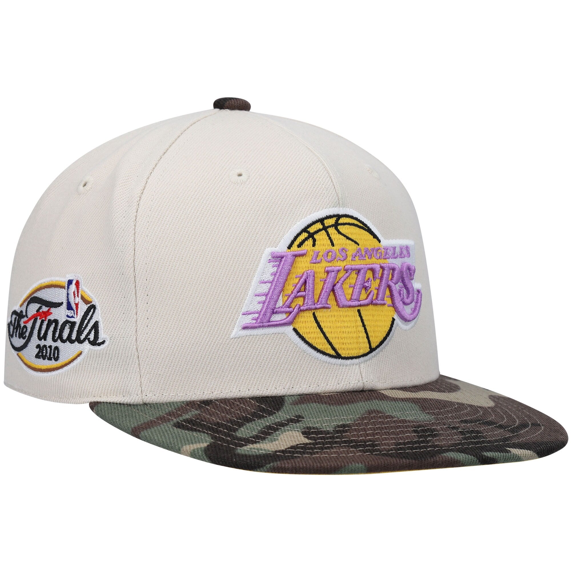 Los Angeles Lakers Mitchell & Ness Hardwood Classics 2010 NBA Finals Patch Off White Camo Fitted Hat - Cream