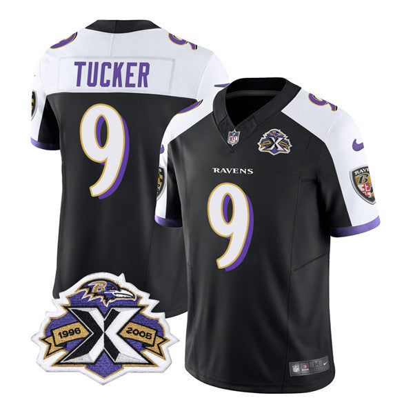 Men s Baltimore Ravens Justin Tucker Black White 2023 F.U.S.E With Patch Throwback Vapor Limited Stitched Jersey