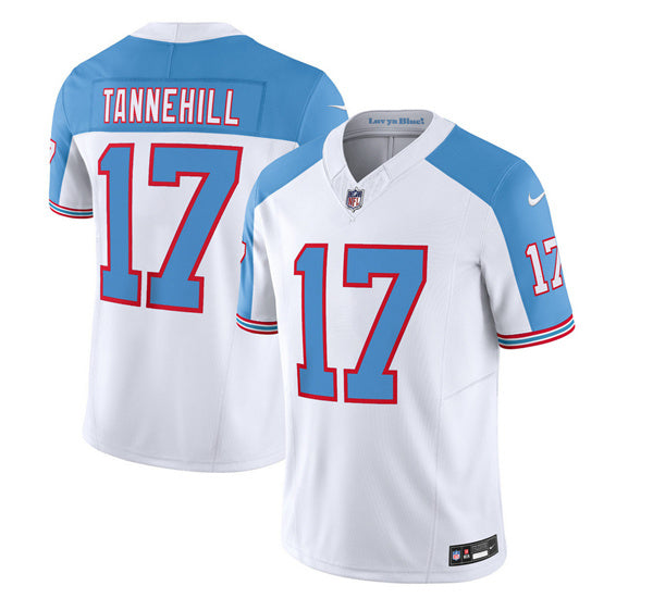 Men s Tennessee Titans Ryan Tannehill White Blue 2023 F.U.S.E. Vapor Limited Throwback Stitched Jersey