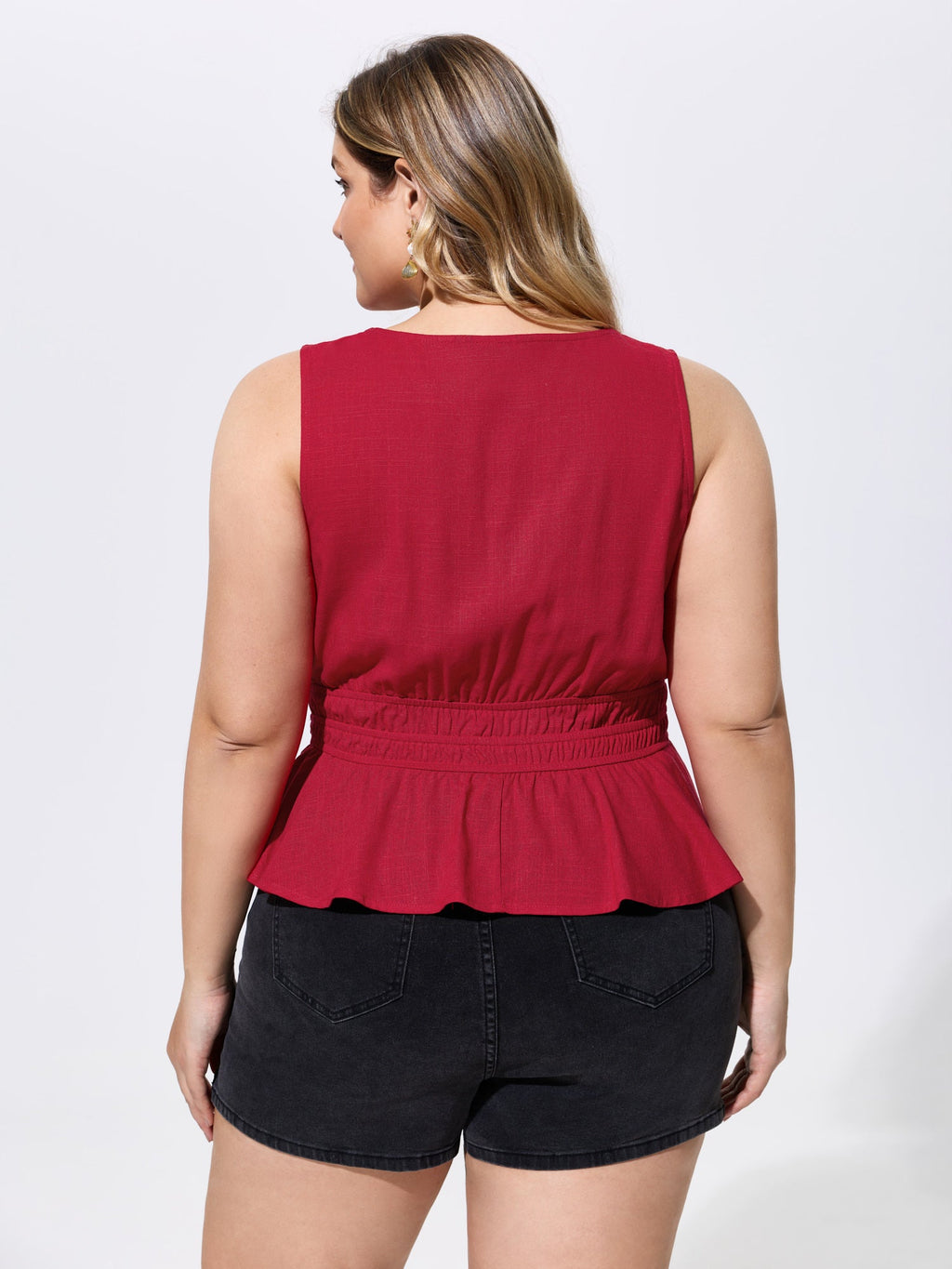 Linen Blend Shirred Waist Plain Tank Top