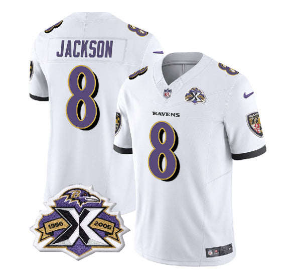 Men s Baltimore Ravens Lamar Jackson White 2023 F.U.S.E With Patch Throwback Vapor Limited Stitched Jersey