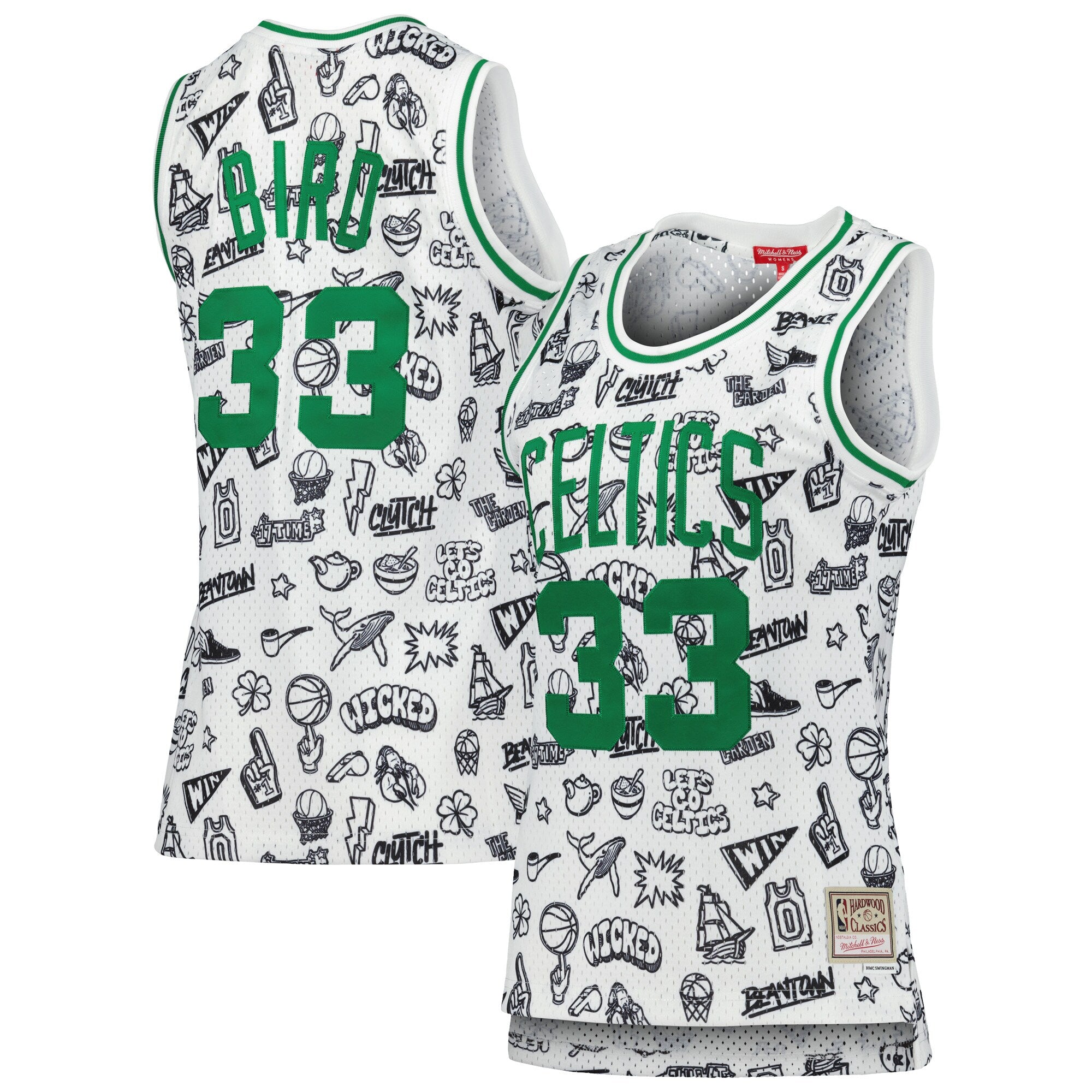 Larry Bird Boston Celtics Mitchell & Ness Women's 1985 Doodle Swingman Jersey - White