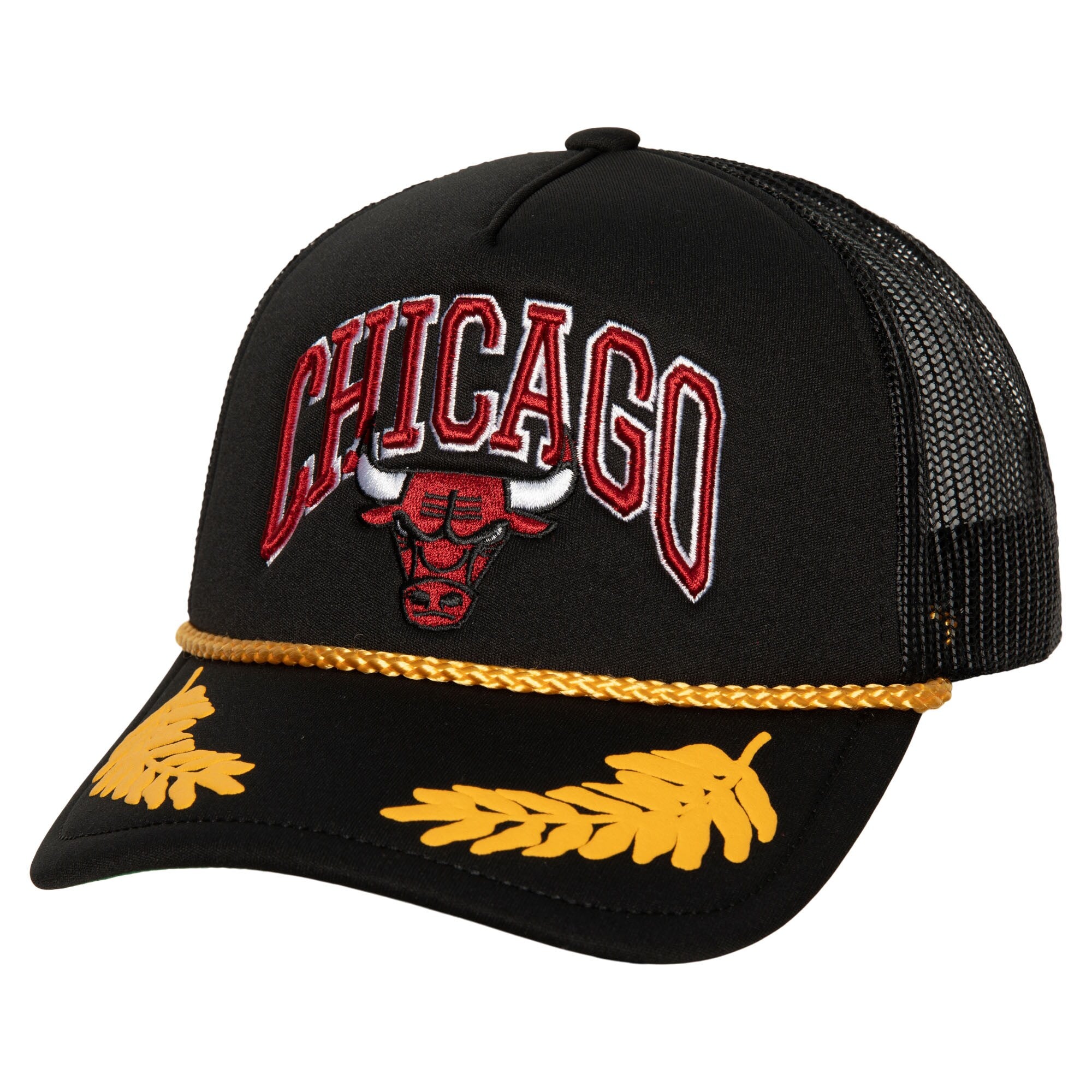 Chicago Bulls Mitchell & Ness Hardwood Classics Gold Leaf Mesh Trucker Snapback Hat - Black