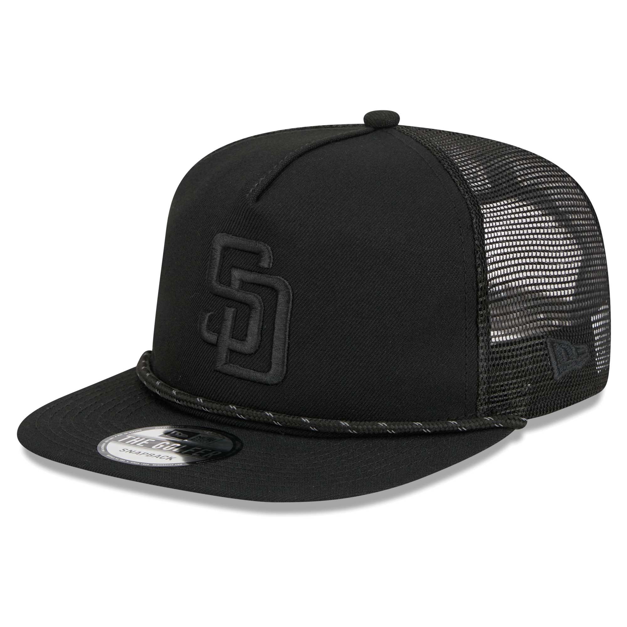 San Diego Padres New Era Black on Black Meshback Golfer Snapback Hat
