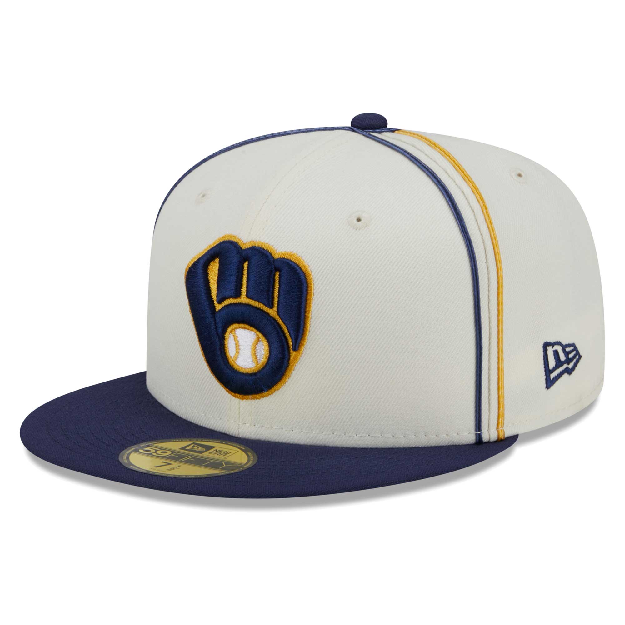 Milwaukee Brewers New Era Chrome Sutash 59FIFTY Fitted Hat - Cream/Navy