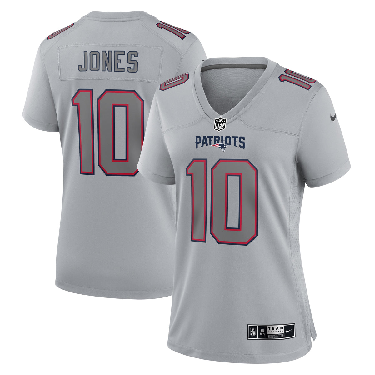 Mac Jones New England Patriots Nike Women s Atmosphere Fashion Game Jersey   Gray