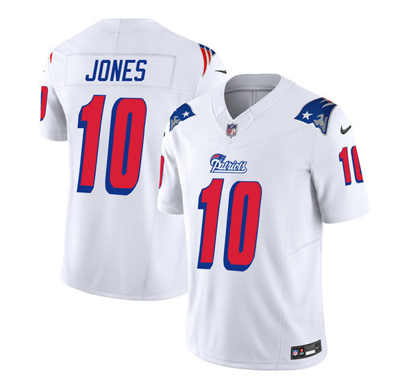 Men s New England Patriots Mac Jones White 2023 F.U.S.E. Vapor Limited Stitched Jersey