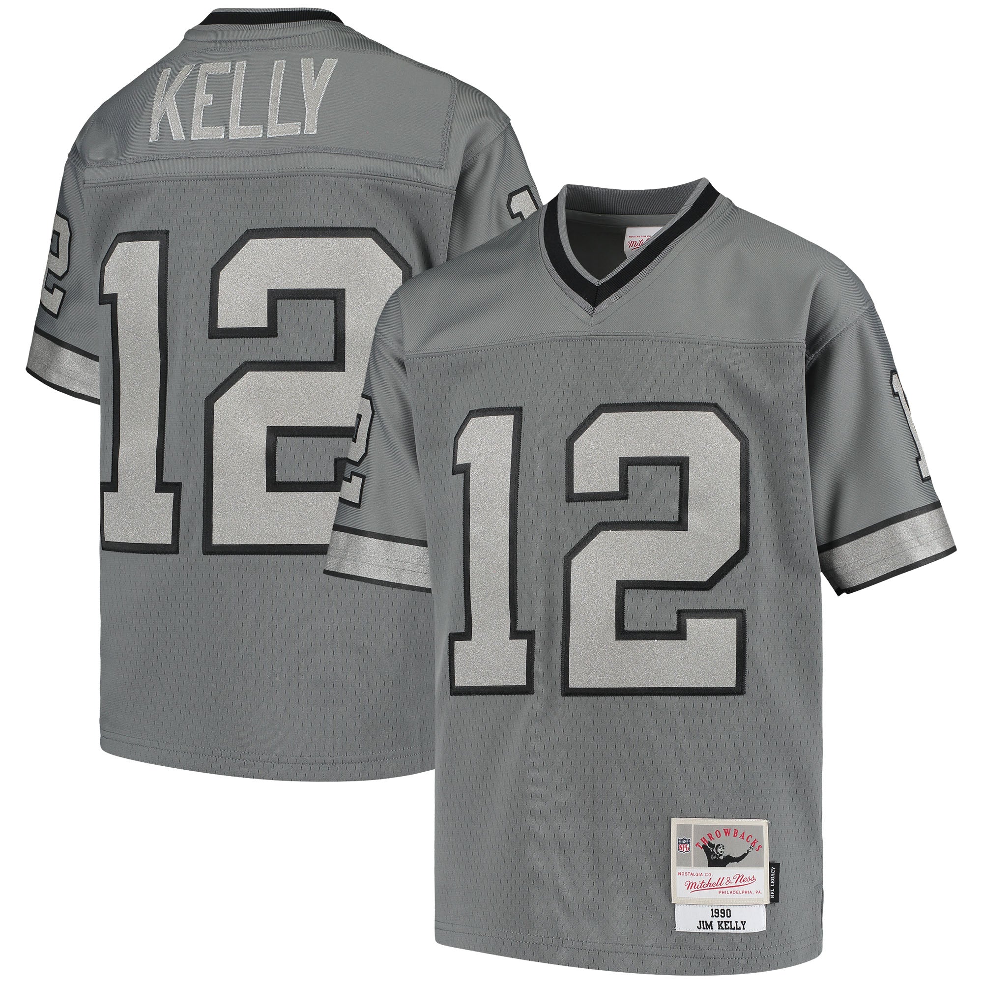 Jim Kelly Buffalo Bills Mitchell   Ness Youth 1990 Retired Player Metal Replica Jersey   Charcoal