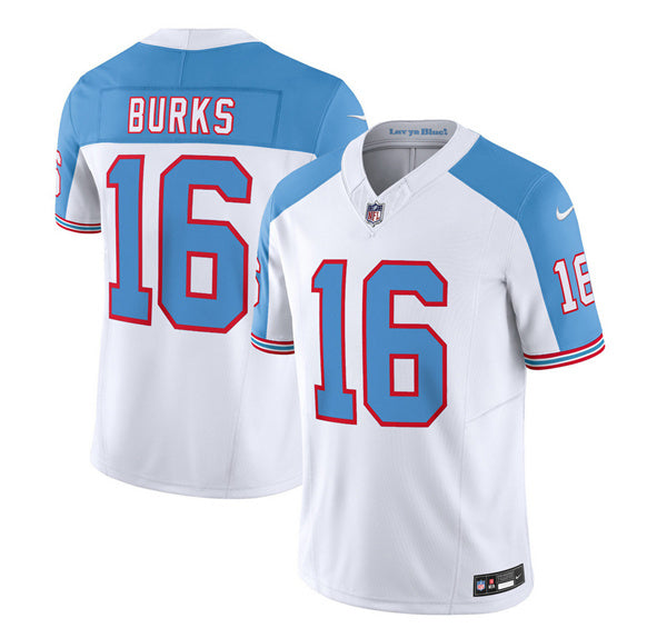 Men s Tennessee Titans Treylon Burks White Blue 2023 F.U.S.E. Vapor Limited Throwback Stitched Jersey
