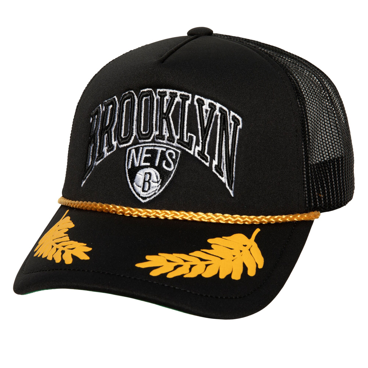 Brooklyn Nets Mitchell & Ness Hardwood Classics Gold Leaf Mesh Trucker Snapback Hat - Black