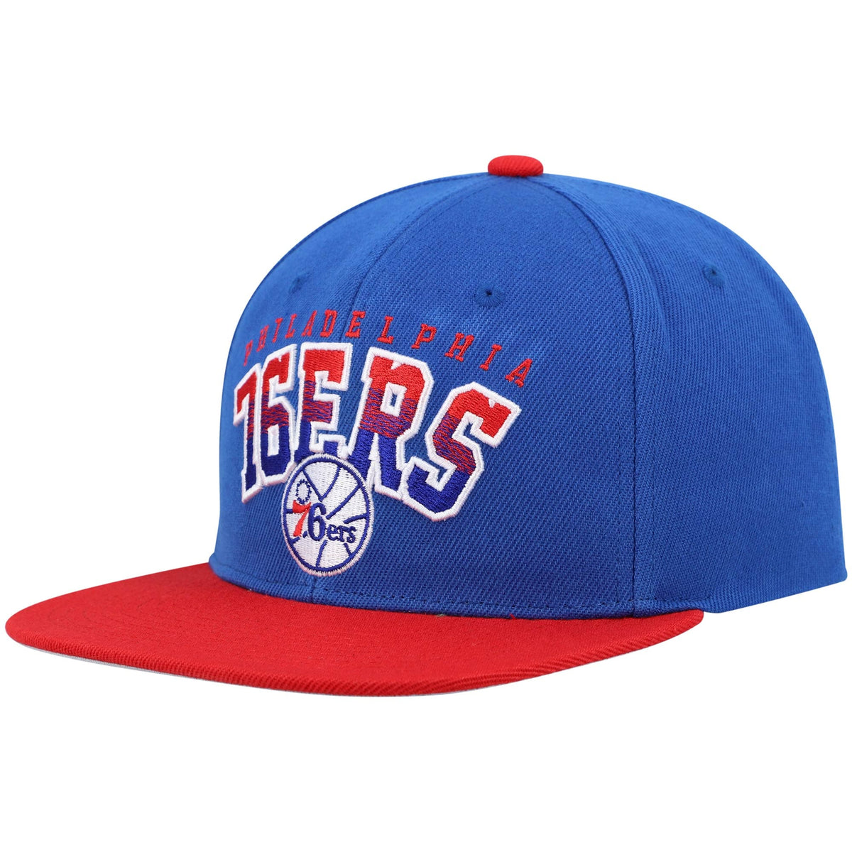 Philadelphia 76ers Mitchell & Ness Hardwood Classics Gradient Wordmark Snapback Hat - Royal/Red
