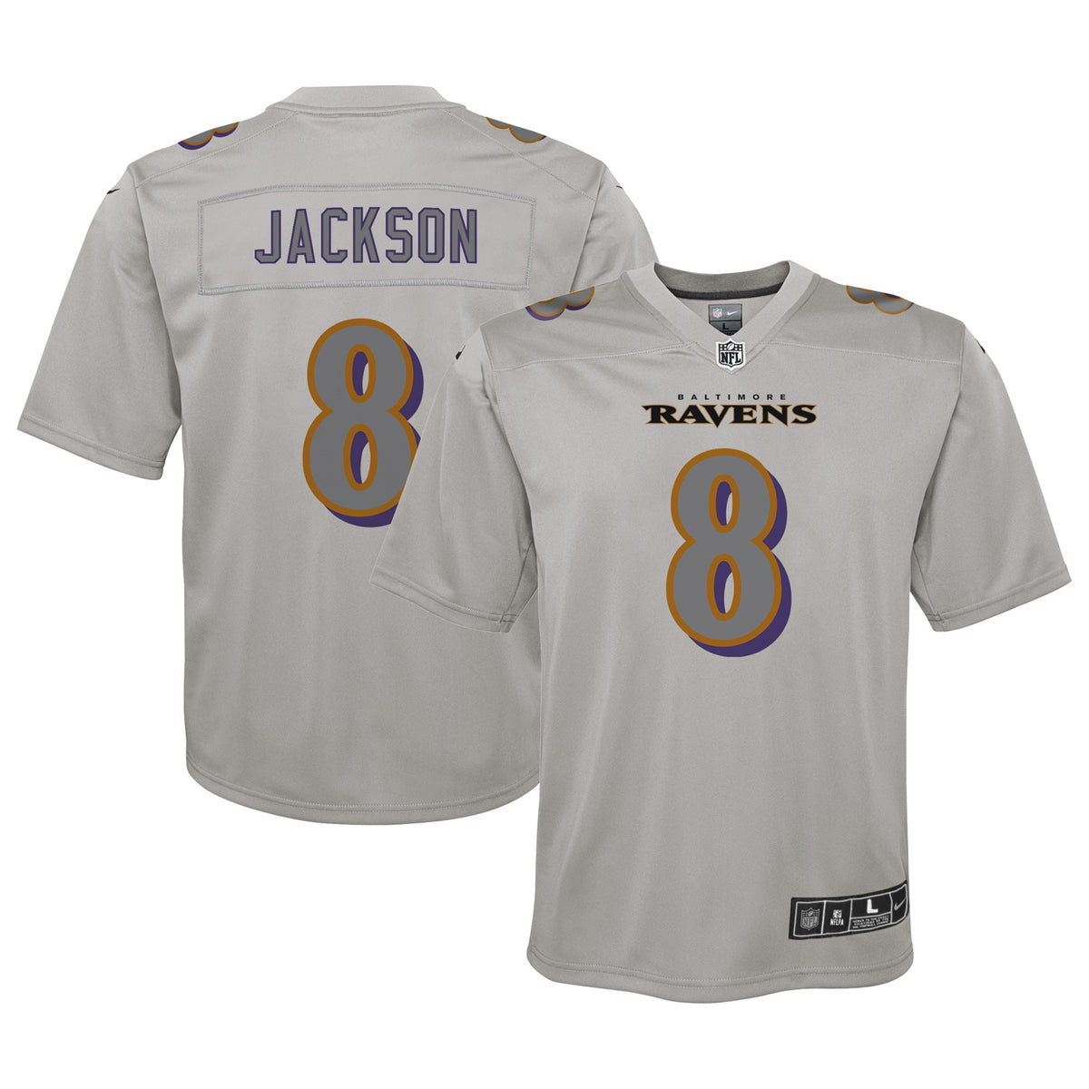 Lamar Jackson Baltimore Ravens Nike Youth Atmosphere Fashion Game Jersey   Gray