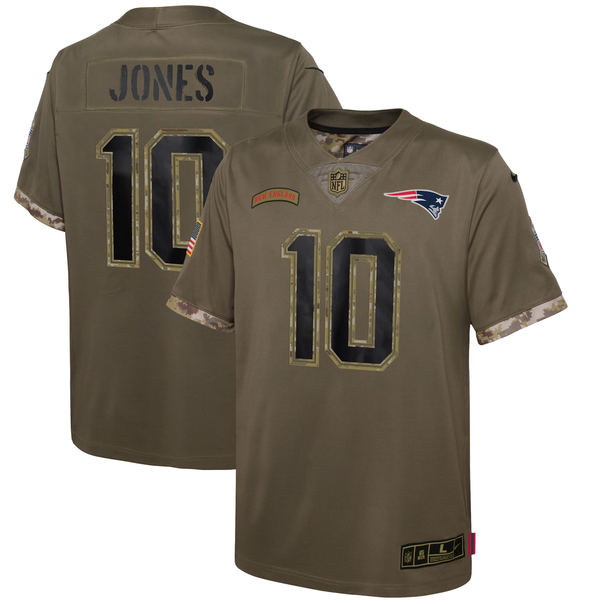Mac Jones New England Patriots Nike Youth 2022 Salute To Service Player Limited Jersey   Olive