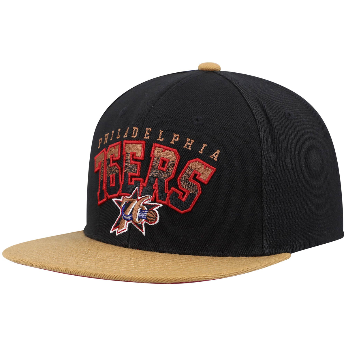 Philadelphia 76ers Mitchell & Ness Hardwood Classics Gradient Wordmark Snapback Hat - Black/Tan