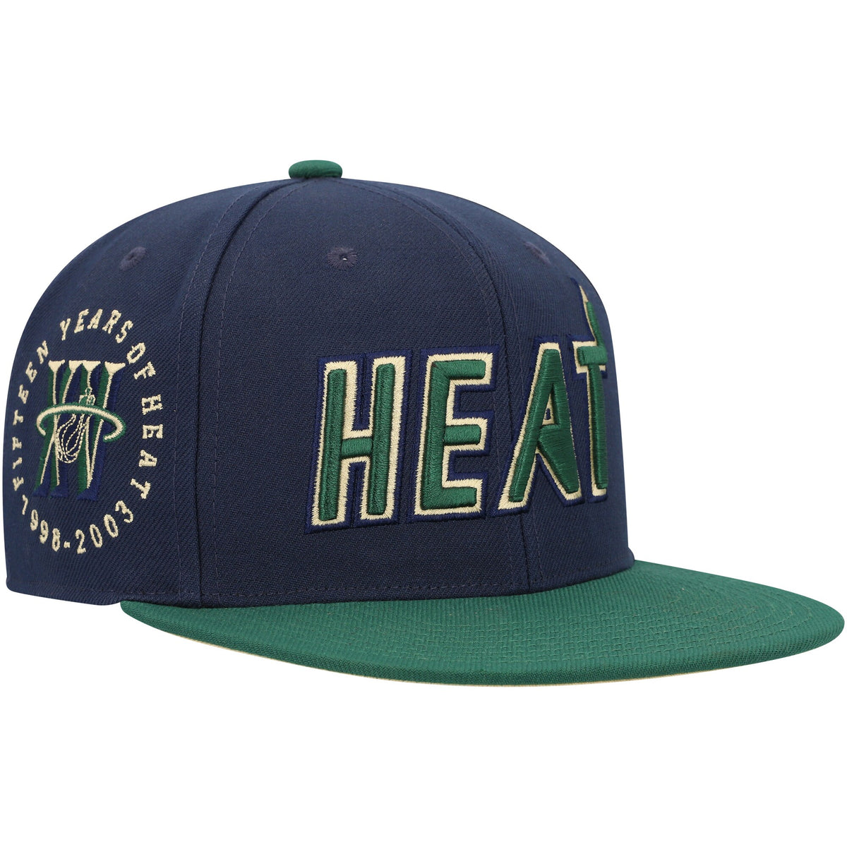 Miami Heat Mitchell & Ness 15th Anniversary Hardwood Classics Grassland Fitted Hat - Navy/Green