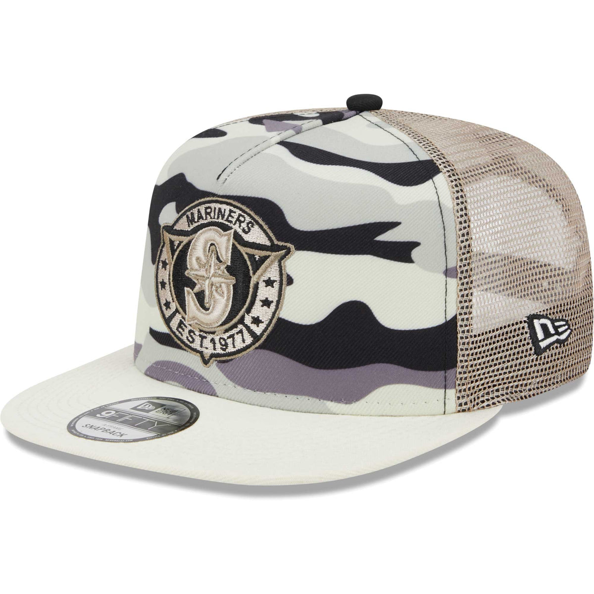 Seattle Mariners New Era Chrome Camo A-Frame 9FIFTY Trucker Snapback Hat - White