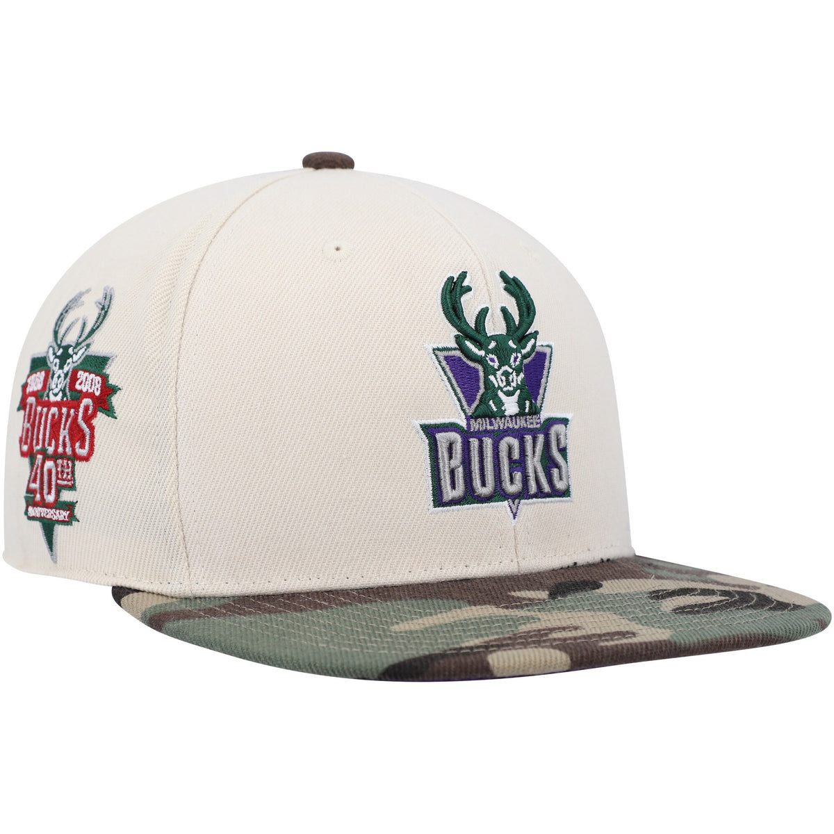 Milwaukee Bucks Mitchell & Ness Hardwood Classics 40th Anniversary Off White Camo Fitted Hat - Cream/Camo