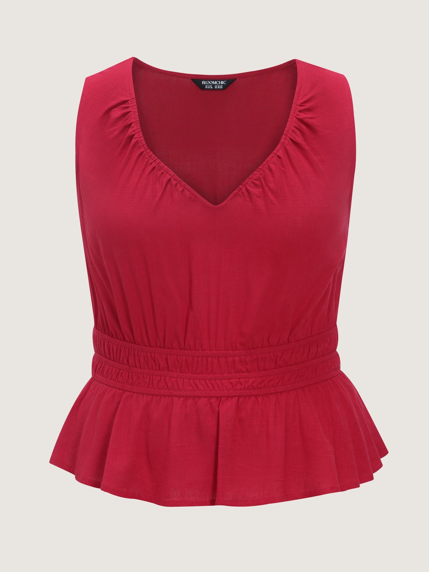 Linen Blend Shirred Waist Plain Tank Top