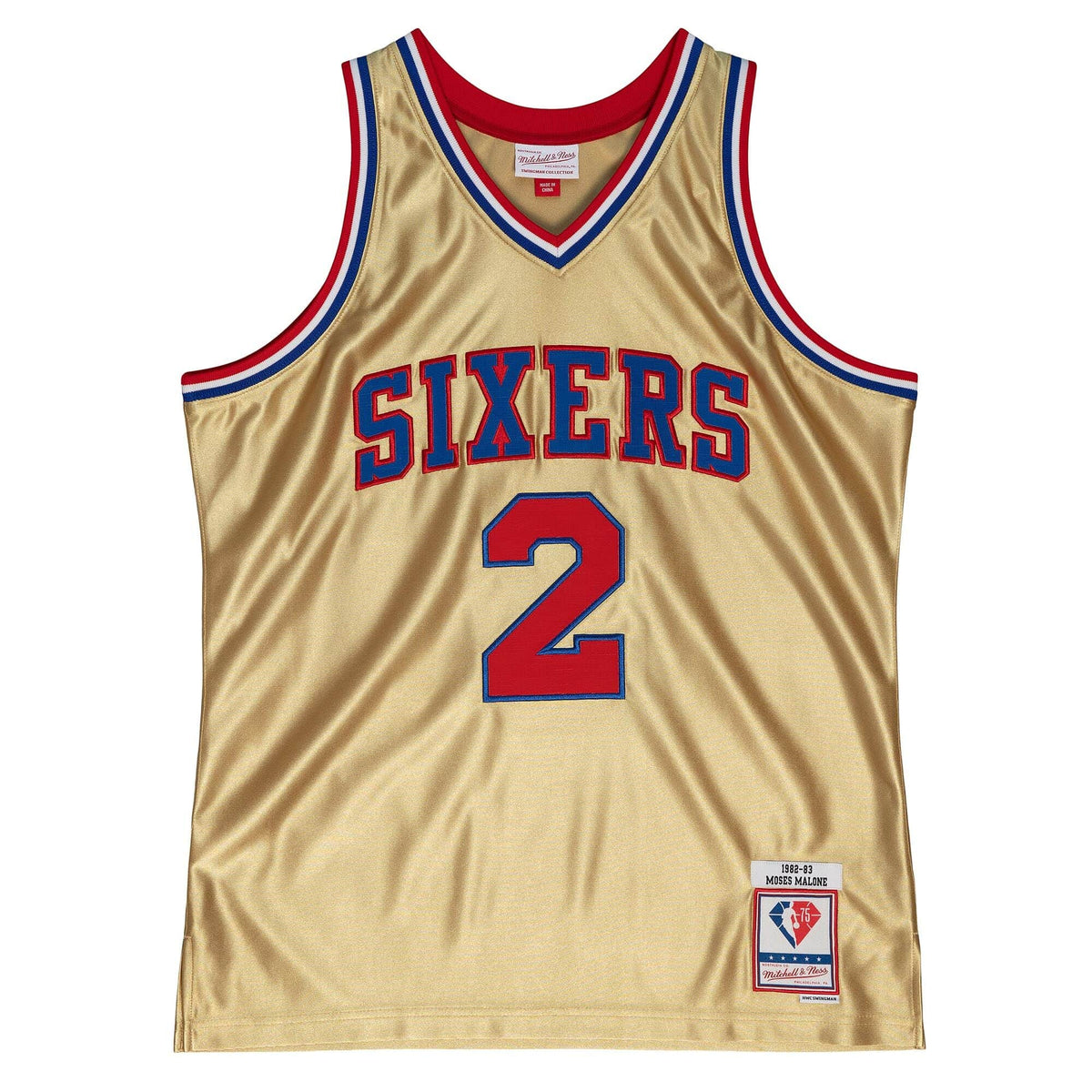 75th Anniversary Gold Swingman Moses Malone Philadelphia 76ers 1982-83 Jersey