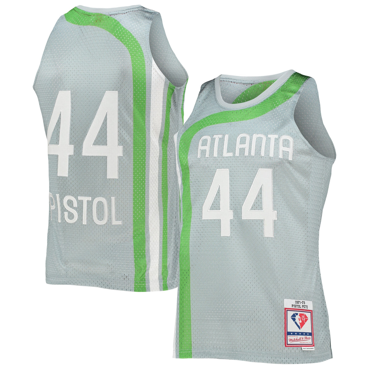 Pete Maravich Atlanta Hawks, NBA Jerseys Mitchell & Ness 75th Anniversary 1971/72 Hardwood Classics Swingman Jersey - Silver