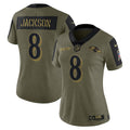 Women s Nike Lamar Jackson Olive Baltimore Ravens 2021 Salute To Service Limited Player Jersey