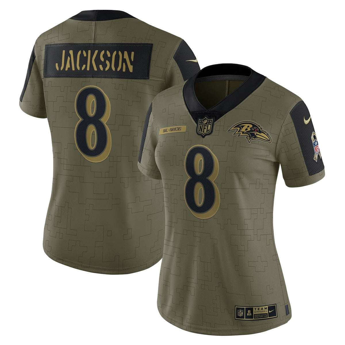 Women s Nike Lamar Jackson Olive Baltimore Ravens 2021 Salute To Service Limited Player Jersey