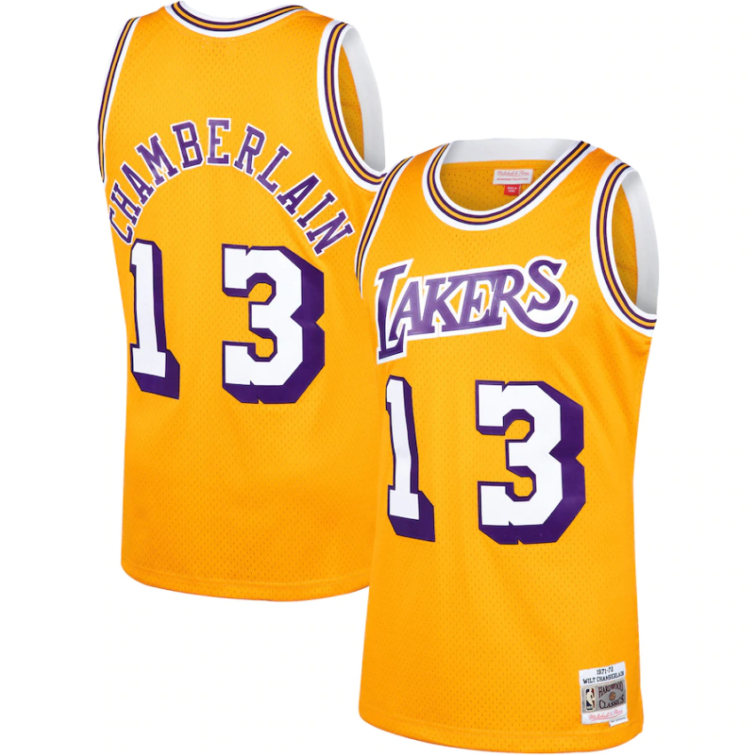 Men's Mitchell & Ness Wilt Chamberlain Los Angeles Lakers Gold 1970-71 Hardwood Classics Swingman Jersey