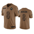 Men s Baltimore Ravens Lamar Jackson 2023 Brown Salute To Service Limited Stitched Jersey