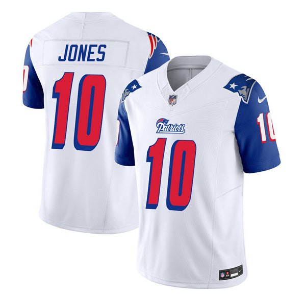 Men s New England Patriots Mac Jones White Blue 2023 F.U.S.E. Vapor Limited Stitched Jersey