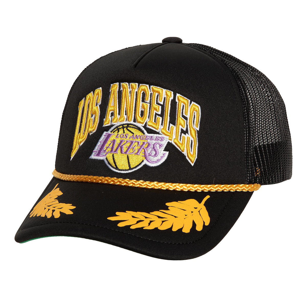 Los Angeles Lakers Mitchell & Ness Hardwood Classics Gold Leaf Mesh Trucker Snapback Hat - Black