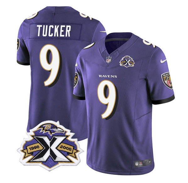 Men s Baltimore Ravens Justin Tucker Purple 2023 F.U.S.E With Patch Throwback Vapor Limited Stitched Jersey