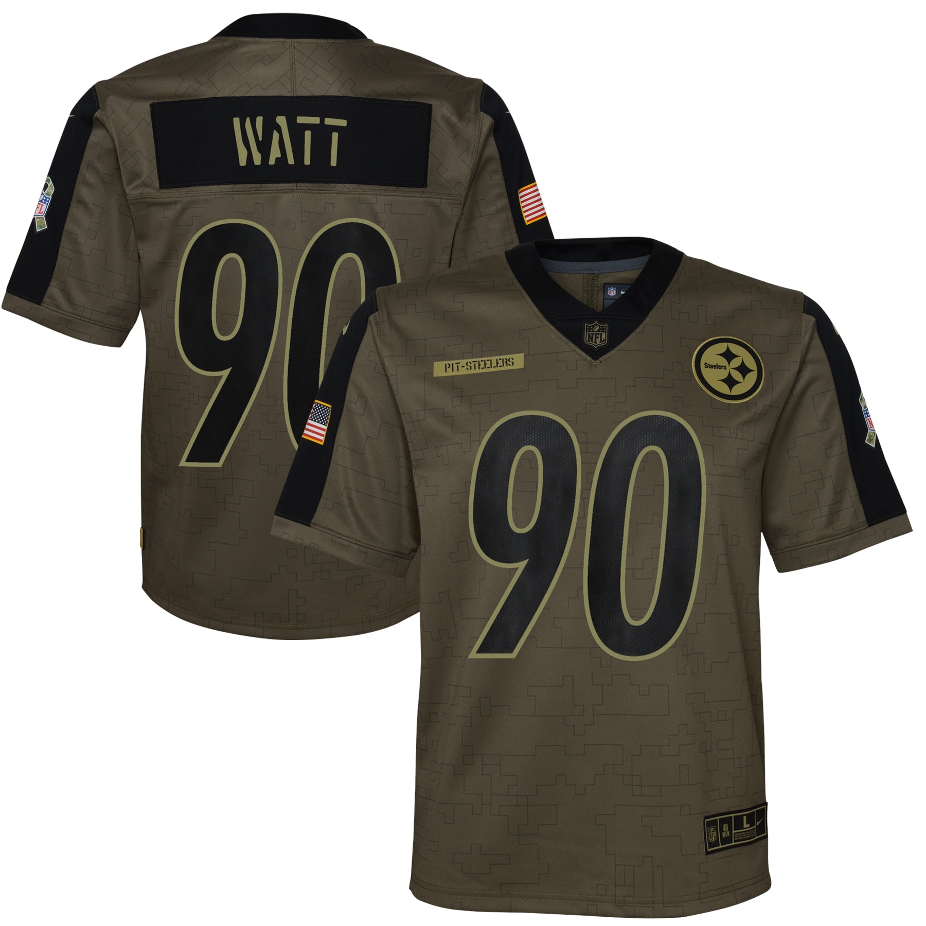 T.J. Watt Pittsburgh Steelers Nike Youth 2021 Salute To Service Game Jersey   Olive