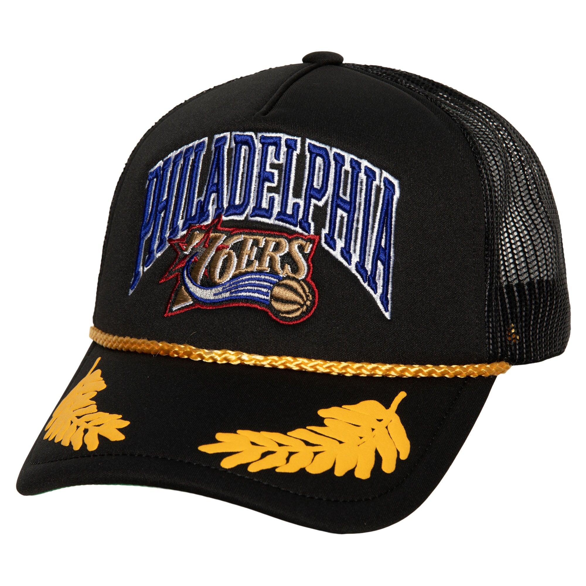 Philadelphia 76ers Mitchell & Ness Hardwood Classics Gold Leaf Mesh Trucker Snapback Hat - Black