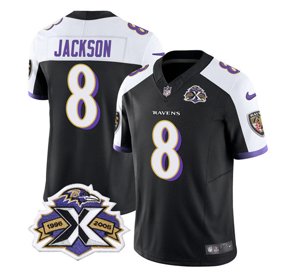 Men s Baltimore Ravens Lamar Jackson Black White 2023 F.U.S.E With Patch Throwback Vapor Limited Stitched Jersey