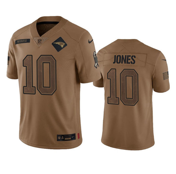 Men s New England Patriots Mac Jones 2023 Brown Salute To Service Limited Stitched Jersey