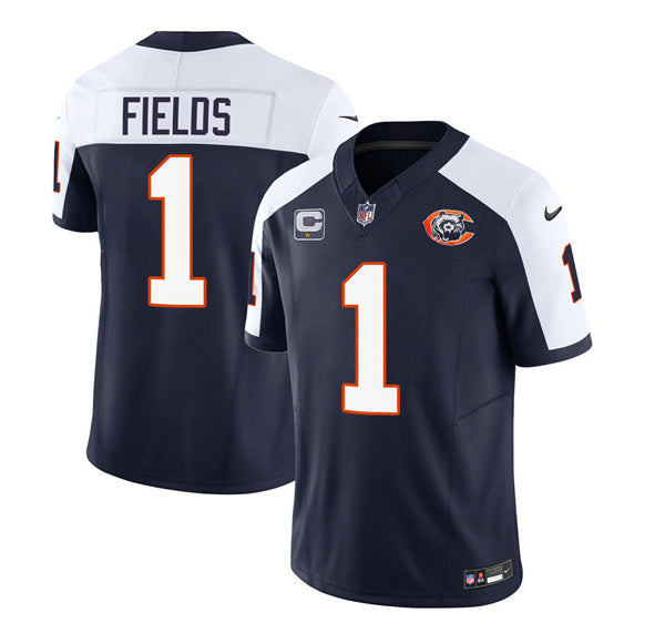 Men s Chicago Bears  Justin Fields Navy White 2023 With 1-star C PatchThrowback Limited Stitched Game Jerseys